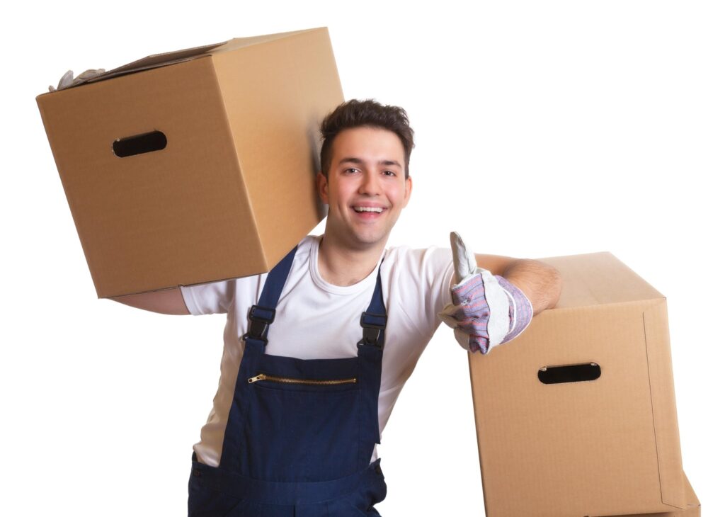 Mitarbeiter eines Entrümpelungsdienstes in Brühl trägt Umzugskartons bei einer professionellen Firmenauflösung.